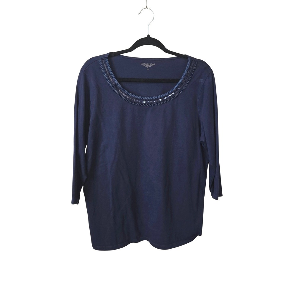 Coldwater Creek Navy Blue 100% Supima Cotton Sequin‎ Top XL, Coastal Classic